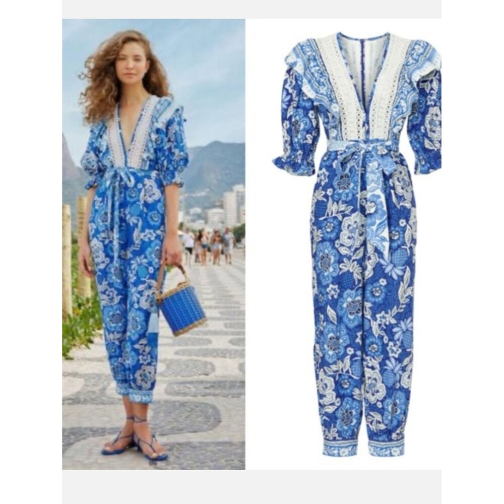 FARM Rio Blue Full Of Flowers Linen Jumpsuit Size XS